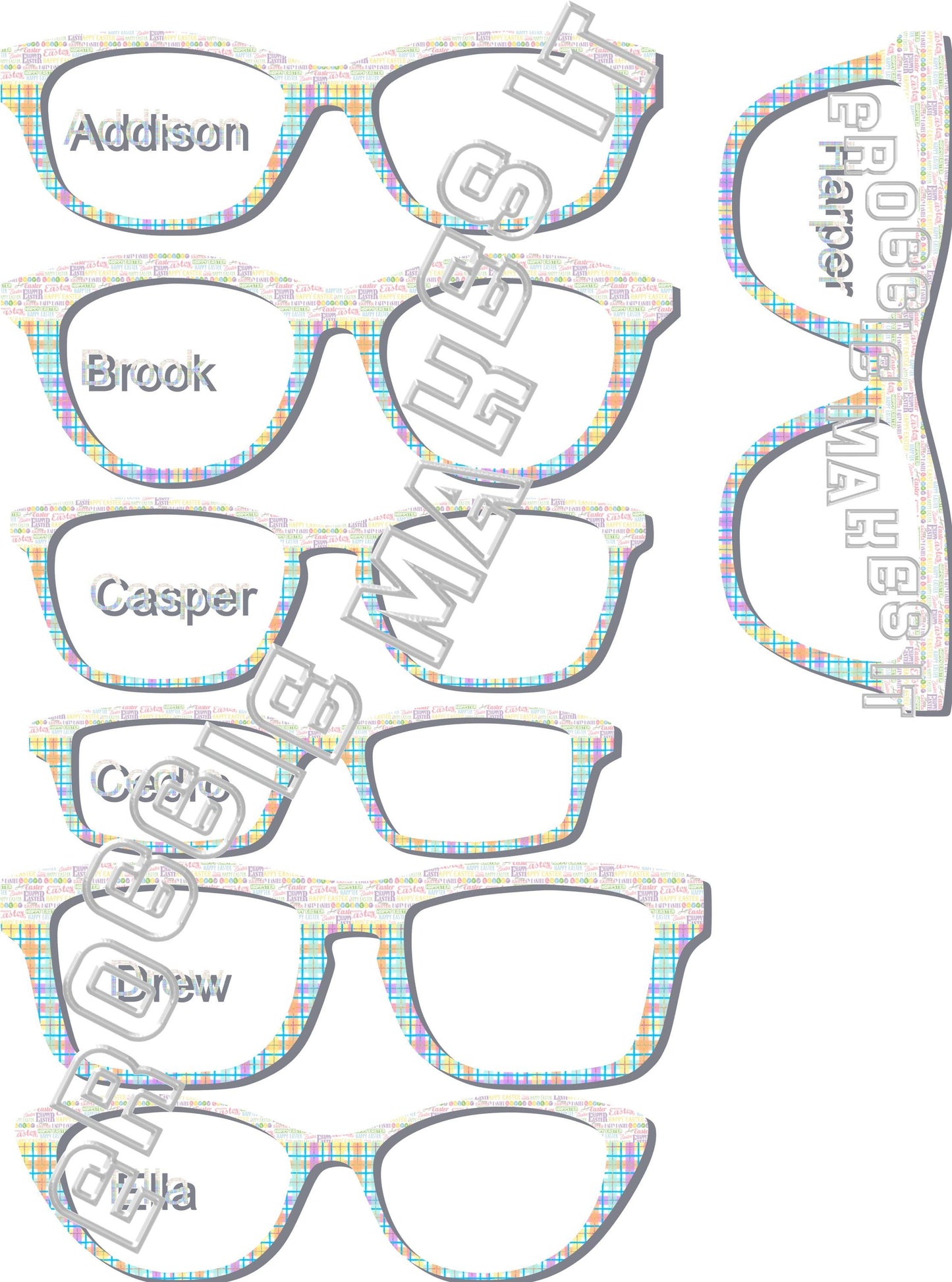 Opaque Happy Easter over Pastel Rainbow Plaid frame topper compatible with Pair frames