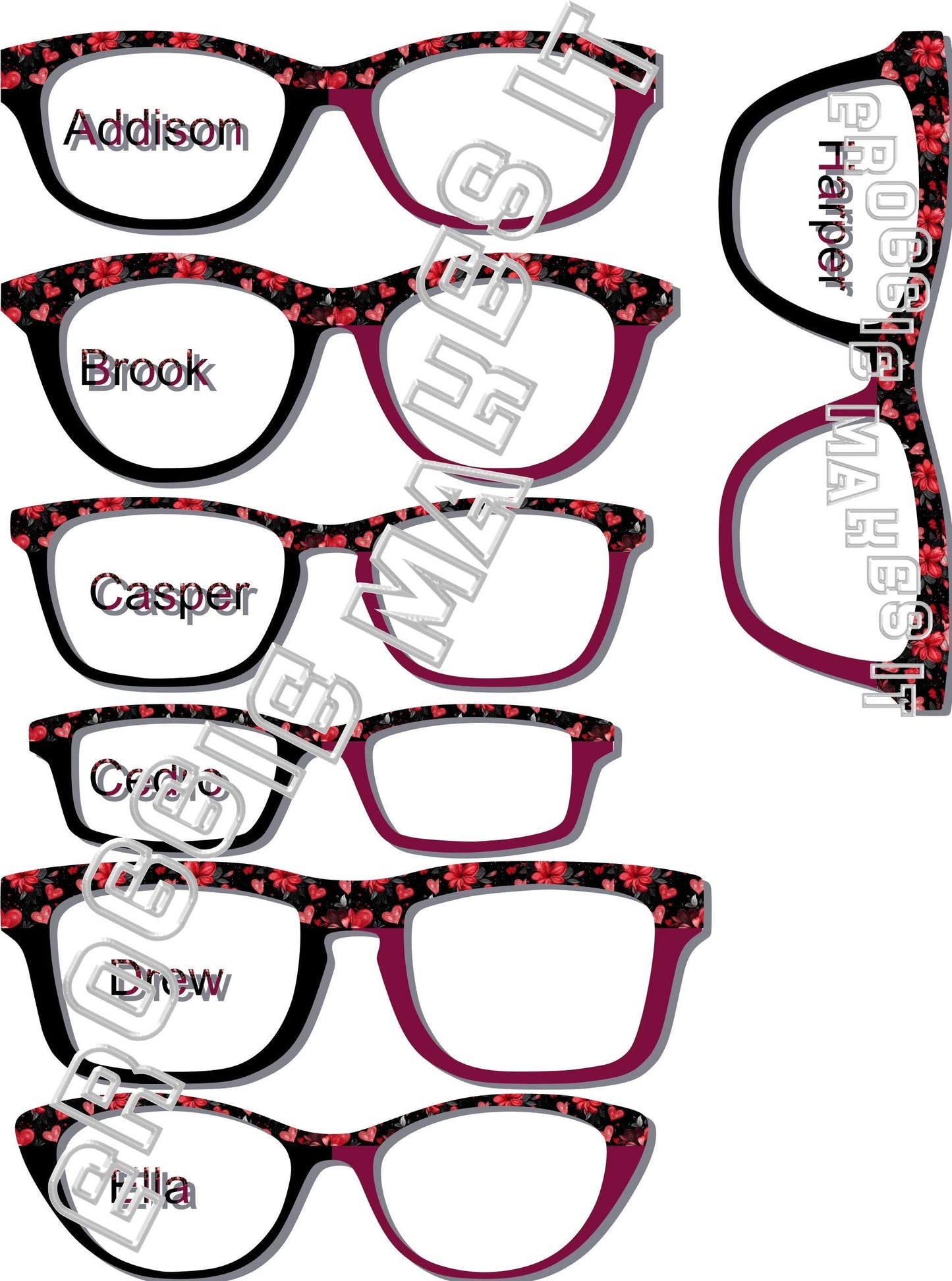 Holographic Passion Petals 2 Color Split frame topper to fit Pair frames, Plum, black