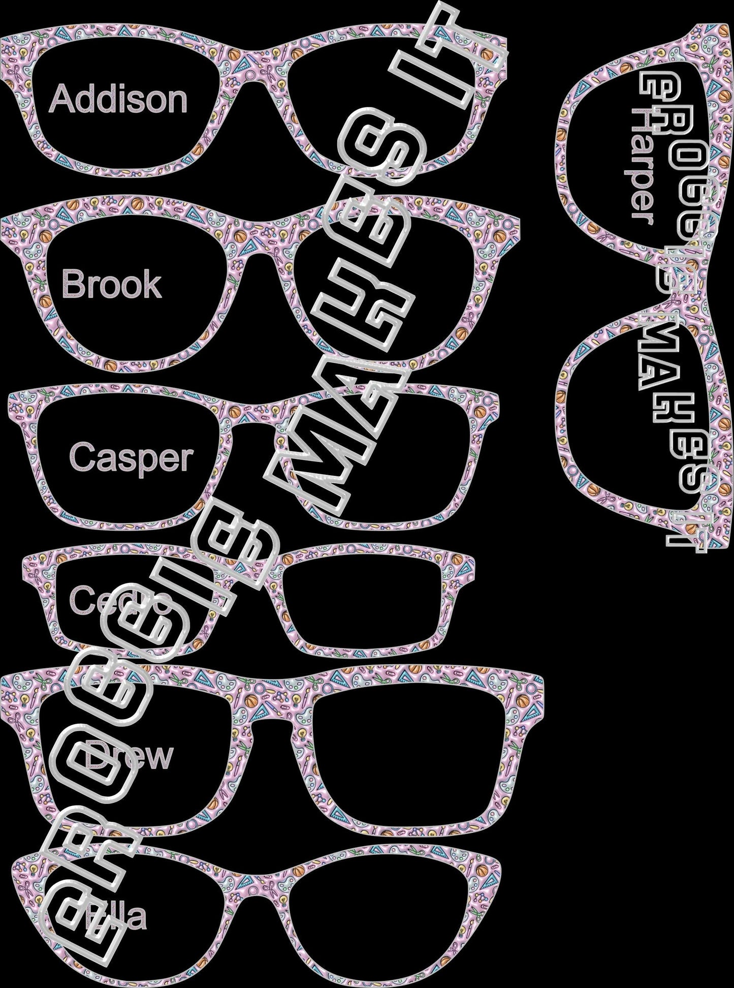 Holographic Faux Puffy School Supplies topper compatible with Pair Eyewear frames with translucent option