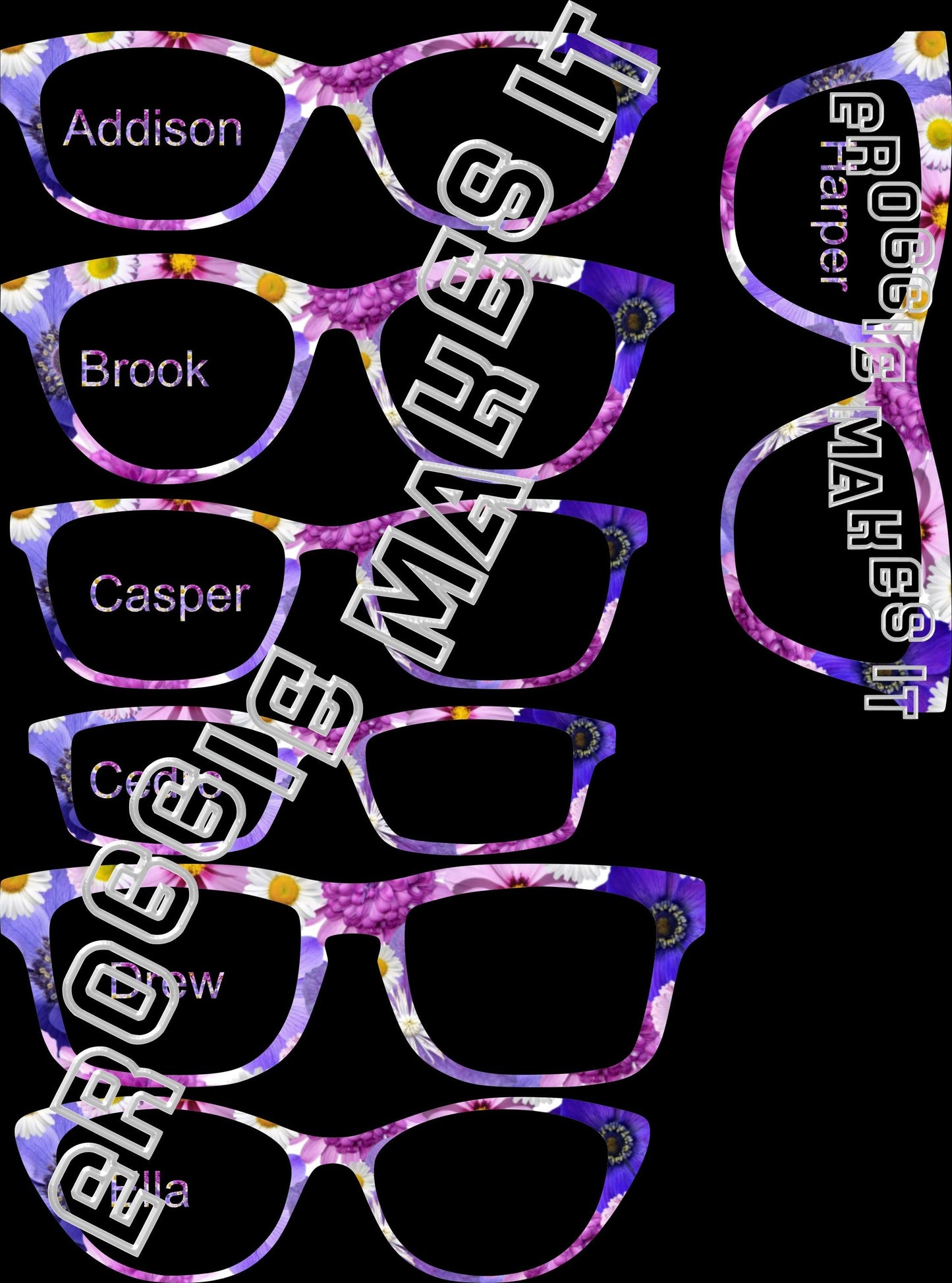 Holographic Shades of Purple Flowers frame topper compatible with Pair frames with translucent option